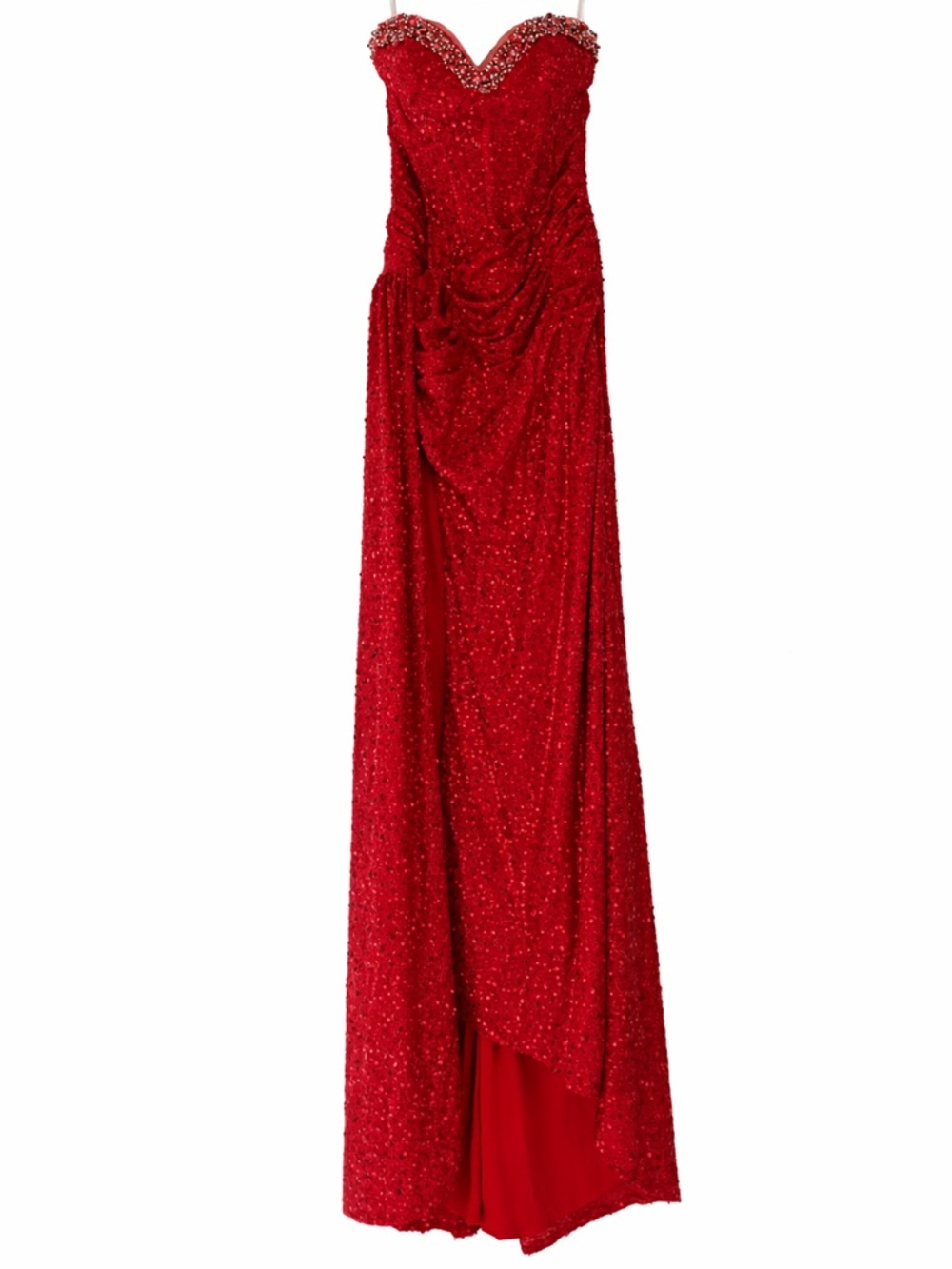 Red Sequin Strapless Corset GownđĽ Beaded Slit Train Prom Wedding Guest - Picture 5 of 8